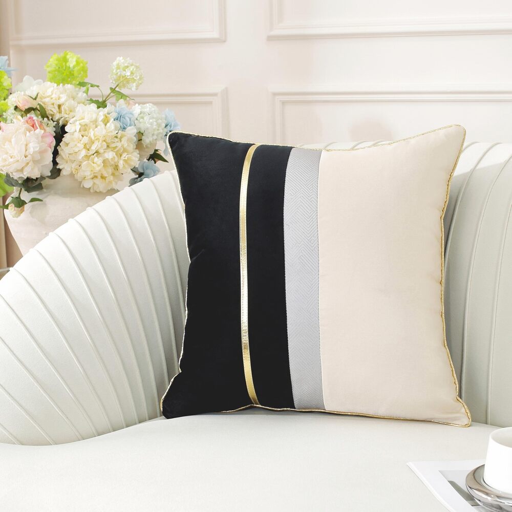 7814 Pack of 2, Black Beige Patchwork Velvet Throw Pillow Cover with Gold